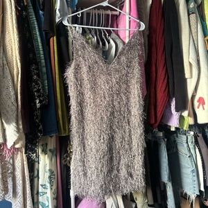Fuzzy/ fringe mini dress with chain straps!!